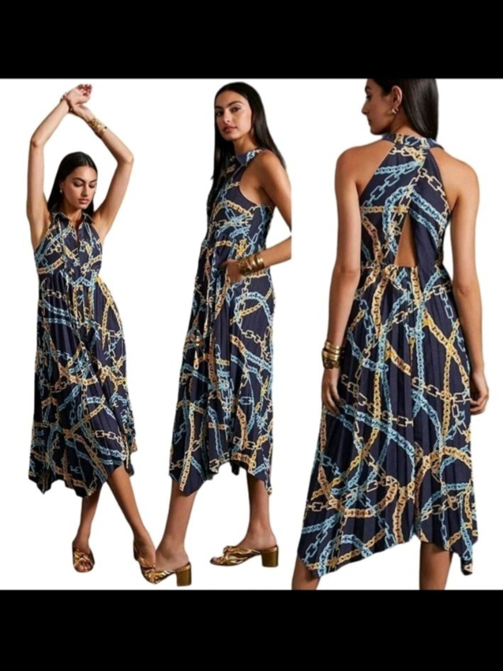Maeve Navy Chain-Print Halter Midi Dress